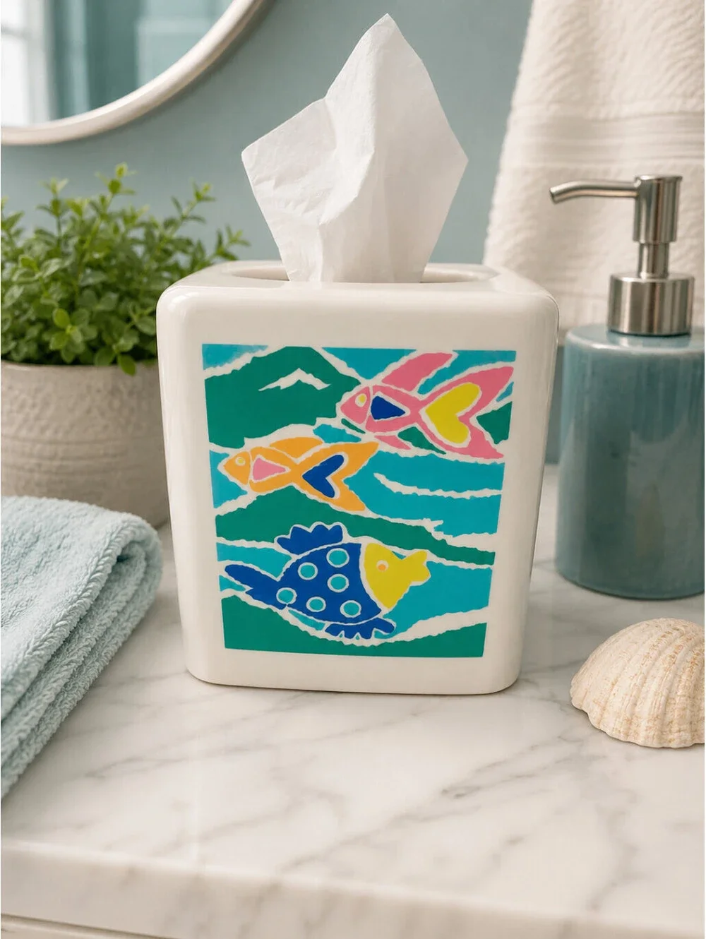 Vintage 90s Tropical Fish White Melamine Tissue Box Cover Holder Bathroom Decor